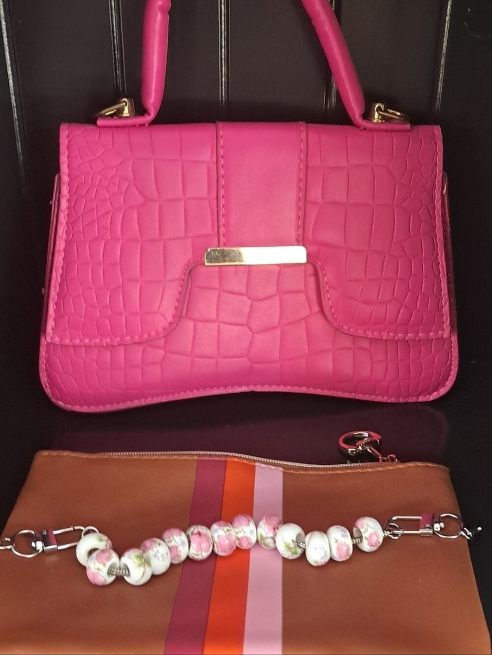 Hot Pink Croc-Embossed Top Handle Bag - Stylish Women's Purse